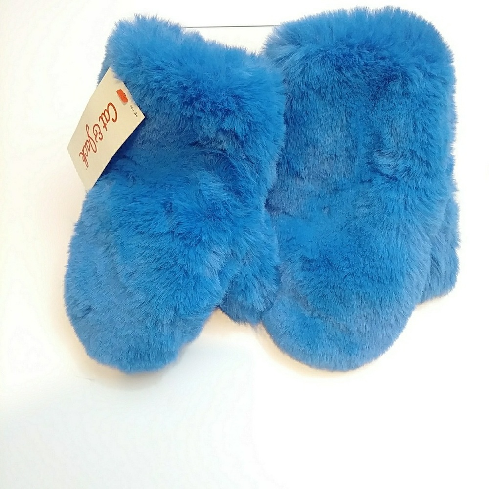Girls Faux Fur Mittens One Size Blue